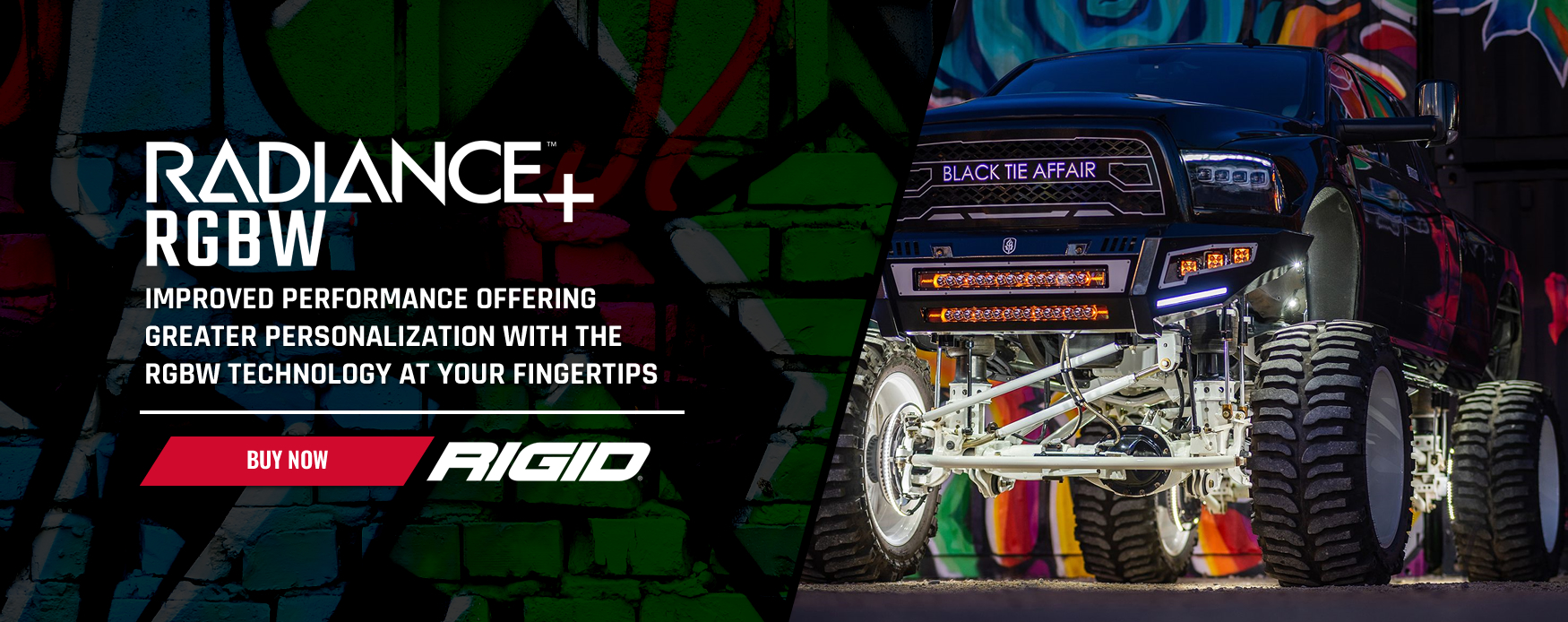 Radiance+ RGBW ad with a jacked pick up truck with Black Tie Affair on the grill